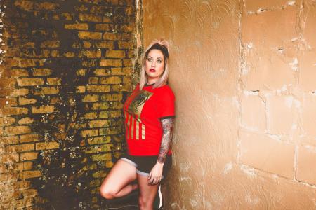 Woman in Red and Brown Crew-neck T-shirt