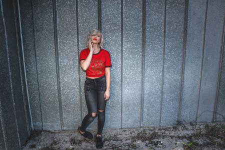 Woman in Red Scoop-neck Shirt