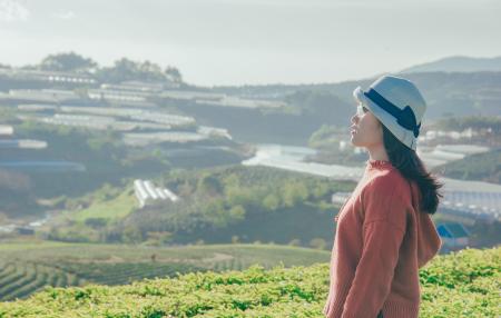 Woman in Red Sweater With Gray Hat Beside Green Field