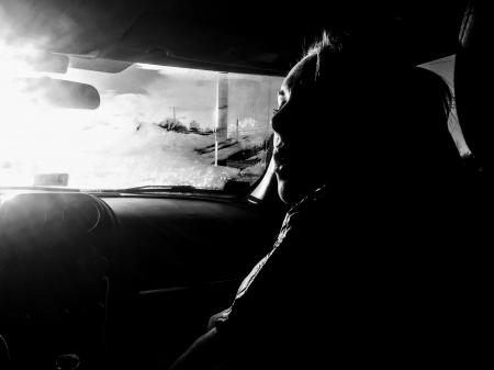 Woman Inside Car Grayscale Photo