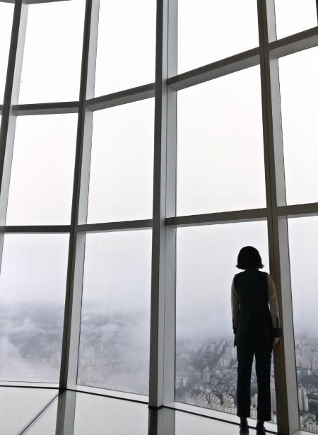 Woman Standing in Front of Glass Panel Inside Building