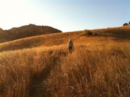 Woman Walking on Brown Grass Field Under Blue and White Sky during Daytime