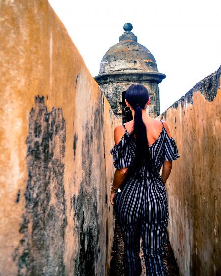 Woman Wearing Black and Gray Pinstripe Cold-shoulder Jumpsuit in Temple