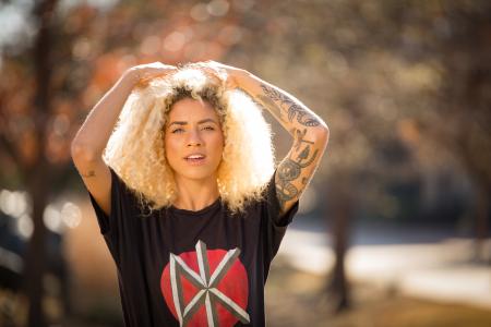 Woman Wearing Black Crew-neck T-shirt