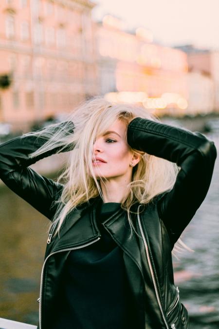 Woman Wearing Black Leather Bikers Jacket