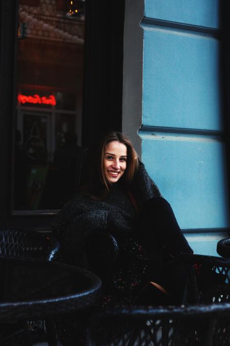 Woman Wearing Blue Crew-neck Sweater and Pants