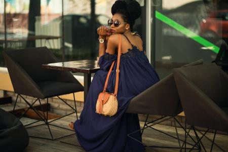 Woman Wearing Blue Spaghetti Strap Dress