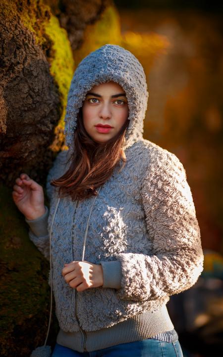 Woman Wearing Gray Wool Hoodie