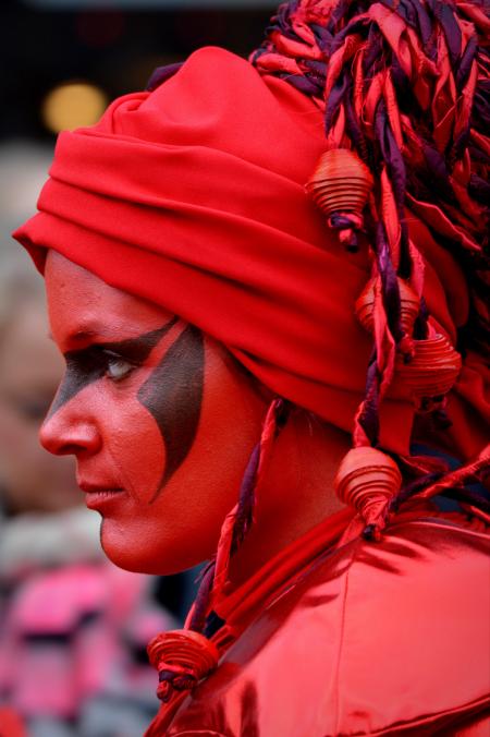 Woman Wearing Red and Purple Head Wrap