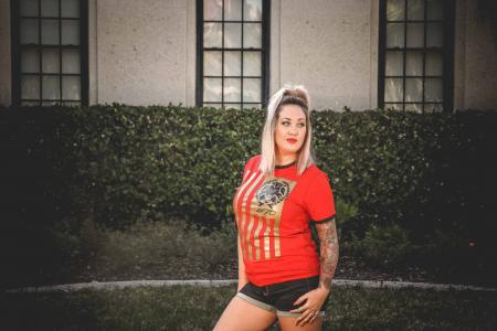 Woman Wearing Red Crew-neck T-shirt