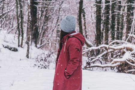 Woman Wearing Red Jacket and Gray Cap