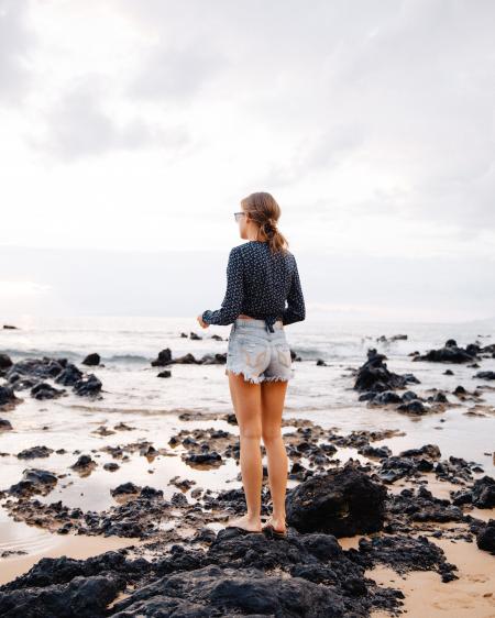 Woman Wearing Washed Blue Denim Shorts