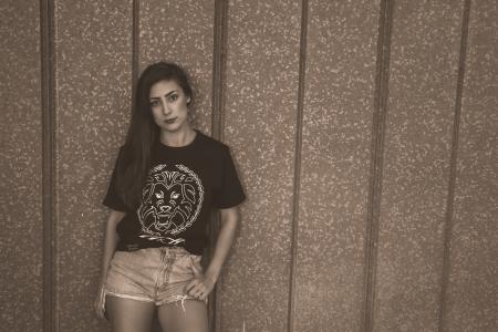 Woman Wearing White and Black Crew-neck T-shirt