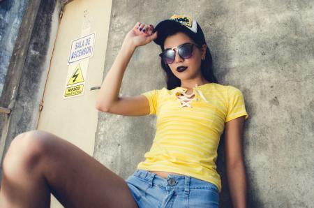 Woman Wearing Yellow Lace-up Neckline T-shirt