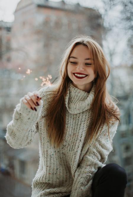 Woman Wears White Knit Turtleneck Long-sleeved Shirt With Blonde Hair