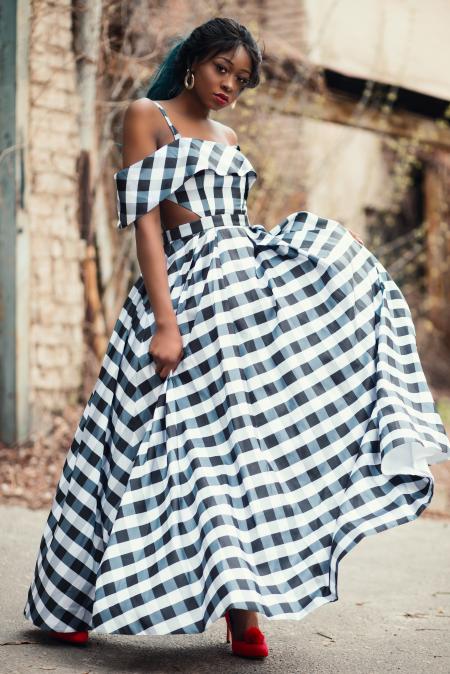 Women's Black and Gray Plaid Cold-shoulder Dress