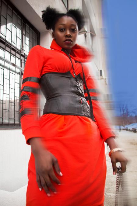 Women's Orange Collared Long-sleeved Dress and Gray Corset