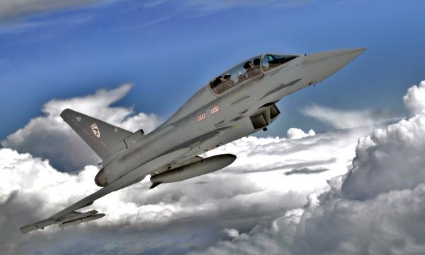 A Royal Air Force Eurofighter "Typhoon F2" fighter aircraft of 29 Squadron soars through the skies above its home base of RAF Coningsby..