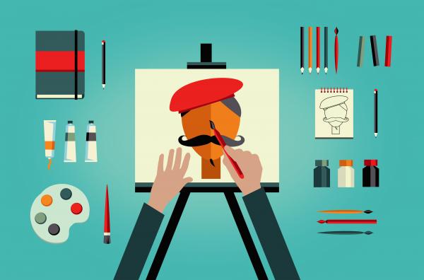 Artist painter painting self-portrait - art and creativity concept