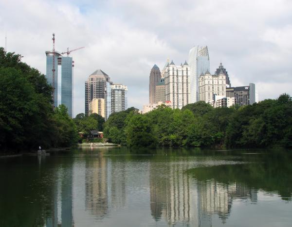 Atlanta skyline view with a lake