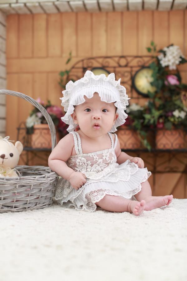 Baby Wearing White Headband and White Lace Floral Dress Sitting Beside Gray Wicker Basket