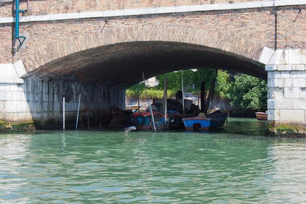 Boats moored under bridge