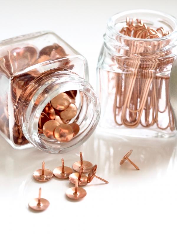 Brass Thumbacks in White Glass Container