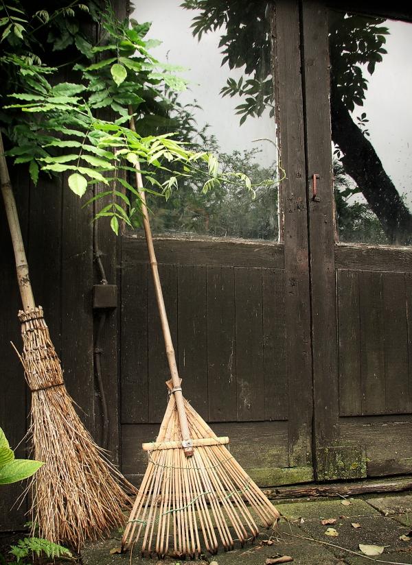 Broomsticks by a farm