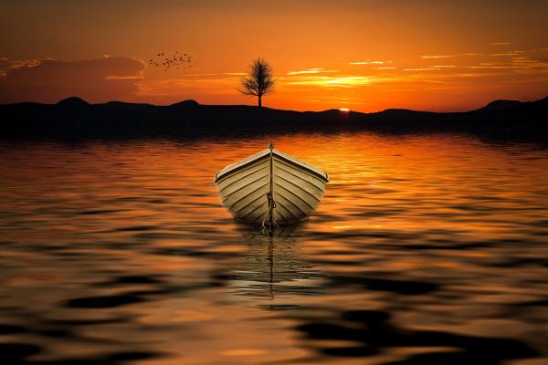 Brown Row Boat on Body of Water Painting