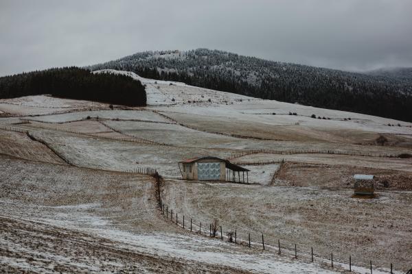 Brown Wooden House Surrounded With Brown Field Near Mountain Under Gray Sky at Daytime