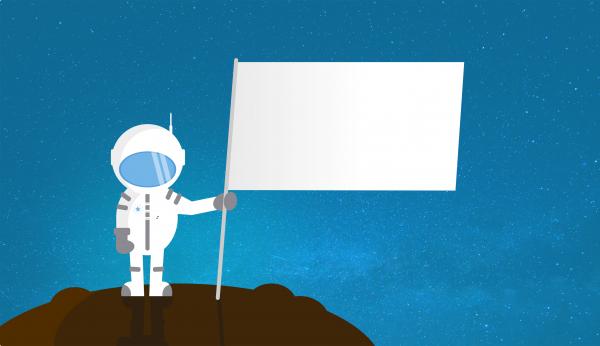 Cartoon Astronaut Holding Blank Flag - With Copyspace