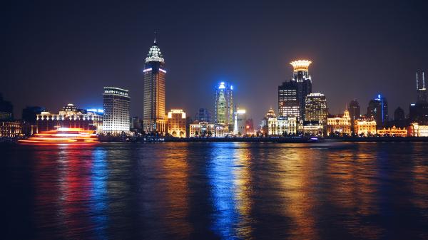 Colorful Coastal Cityscape at Night
