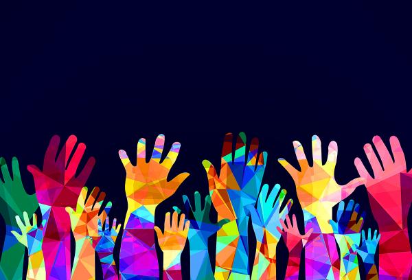 Colorful hands up - happiness or help