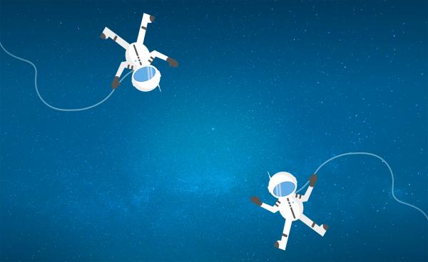 Couple of Cartoon Astronauts Drifting and Lost in Space - With Copyspa