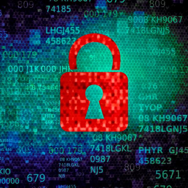 Cyber security concept with red padlock on data screen