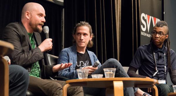 Denny Unger (Cloudhead Games) answering question from William Provancher (Tactical Haptics) at indie dev panel at SVVR (Aaron Lemke (Unello Design) in center, Cymatic Bruce at right)