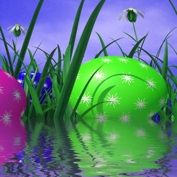 Easter Eggs Represents Green Grass And Environment