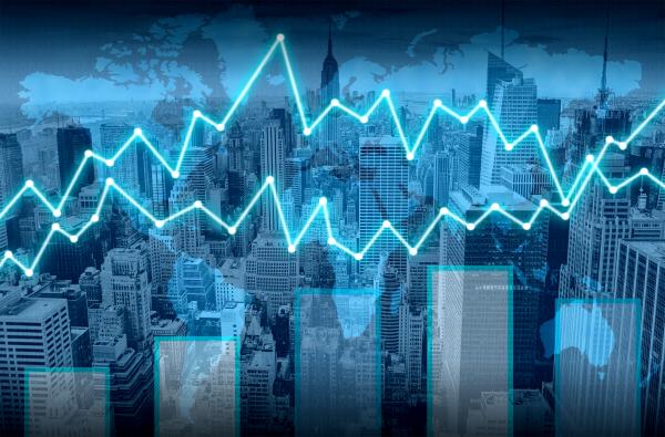 Finance graph superimposed on Manhattan