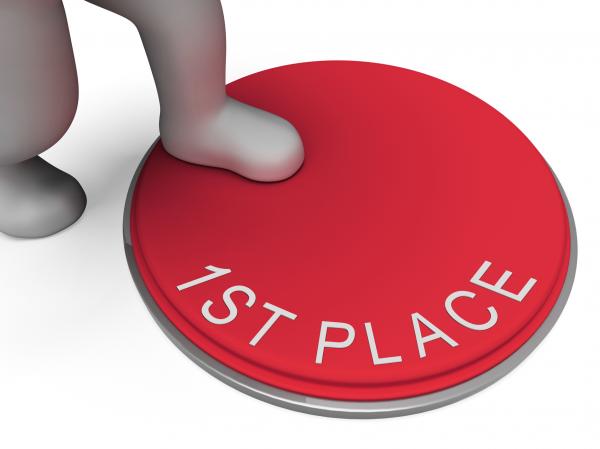 First Place Button Means 1st And Victor