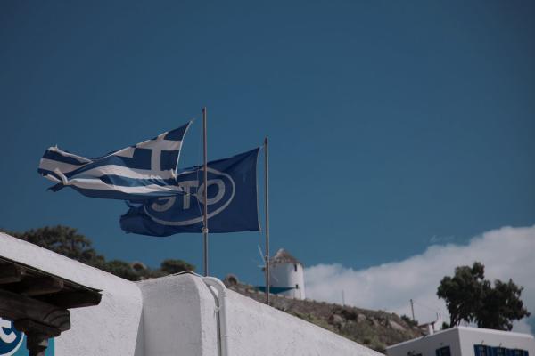 fluttering flags on the building