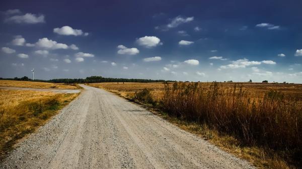 Gray Road in Between Brown Grass Under White Cloudy Sky