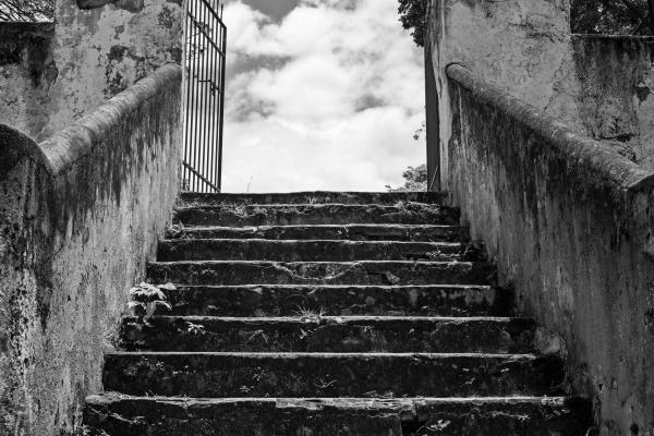 Greyscale Photo of Concrete Staircase