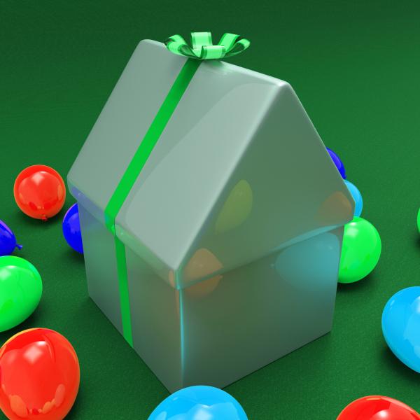House Giftbox Shows Wrapped Apartment And Package
