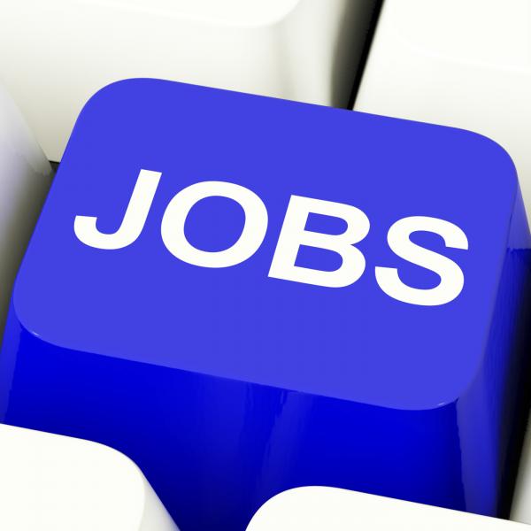 Jobs Computer Key In Blue Showing Work And Careers