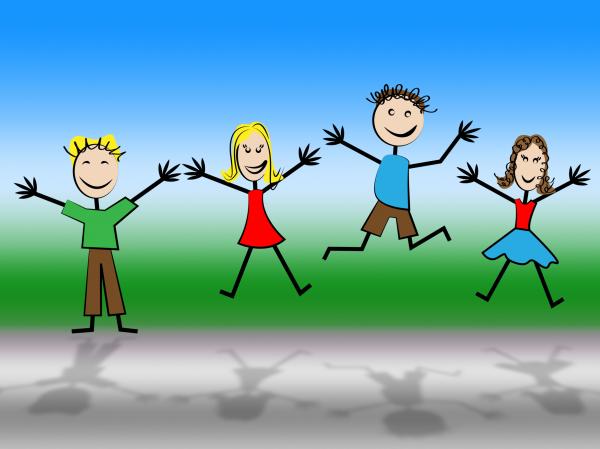Jumping Kids Represents Green Grass And Reflection