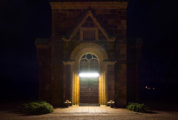 Main entrance Brastad Church at night