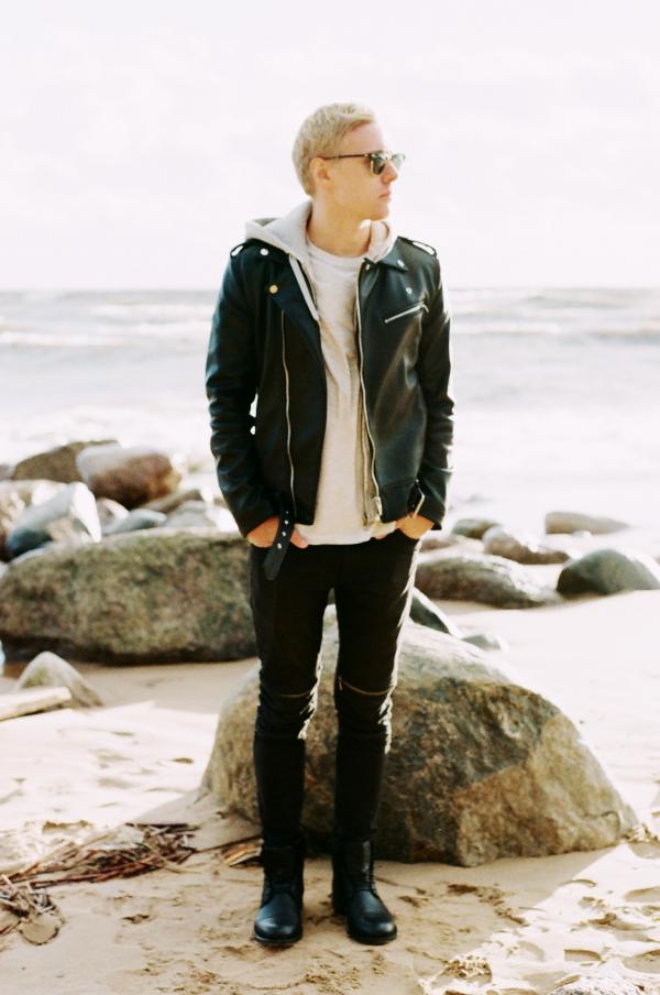 Man Wearing Black Leather Jacket and Black Pants