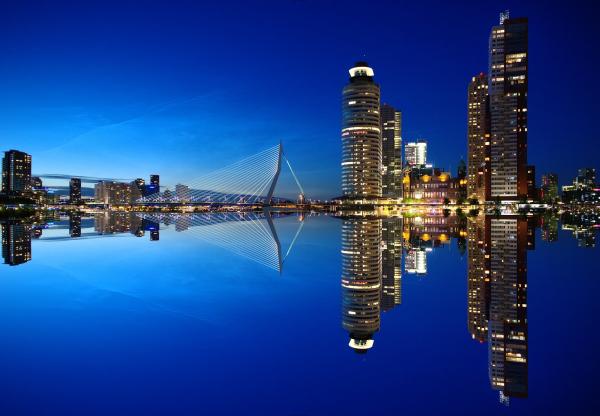 Mirrored Image of High Rise Buildings and Bridge