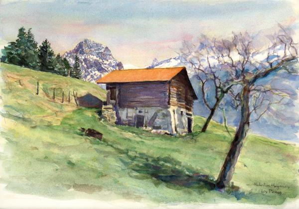 Mountain barn at 'Les Posses' above Gryon - watercolor 38x54cm 2003