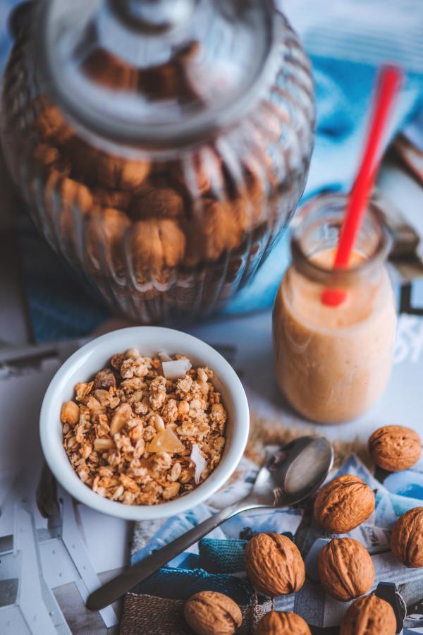 Muesli in the white bowl